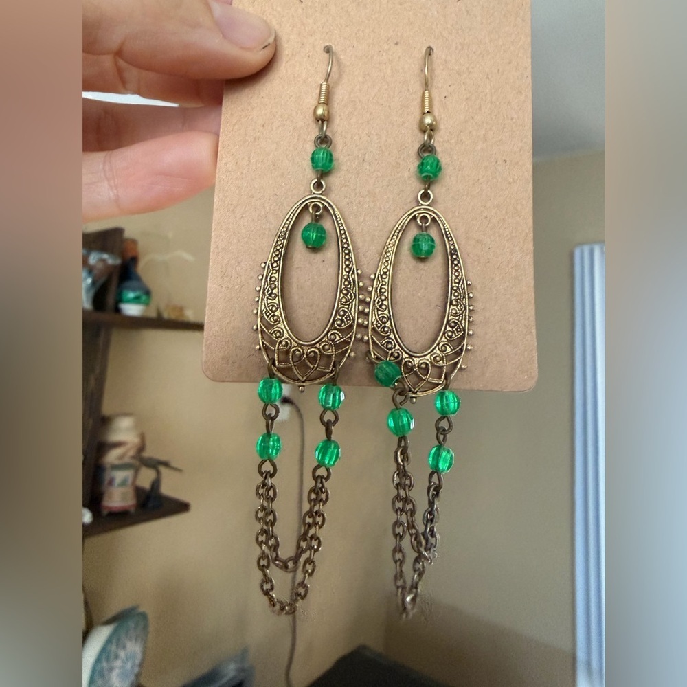 Bohemian Antique Brass & Green Beaded Dangle Earrings